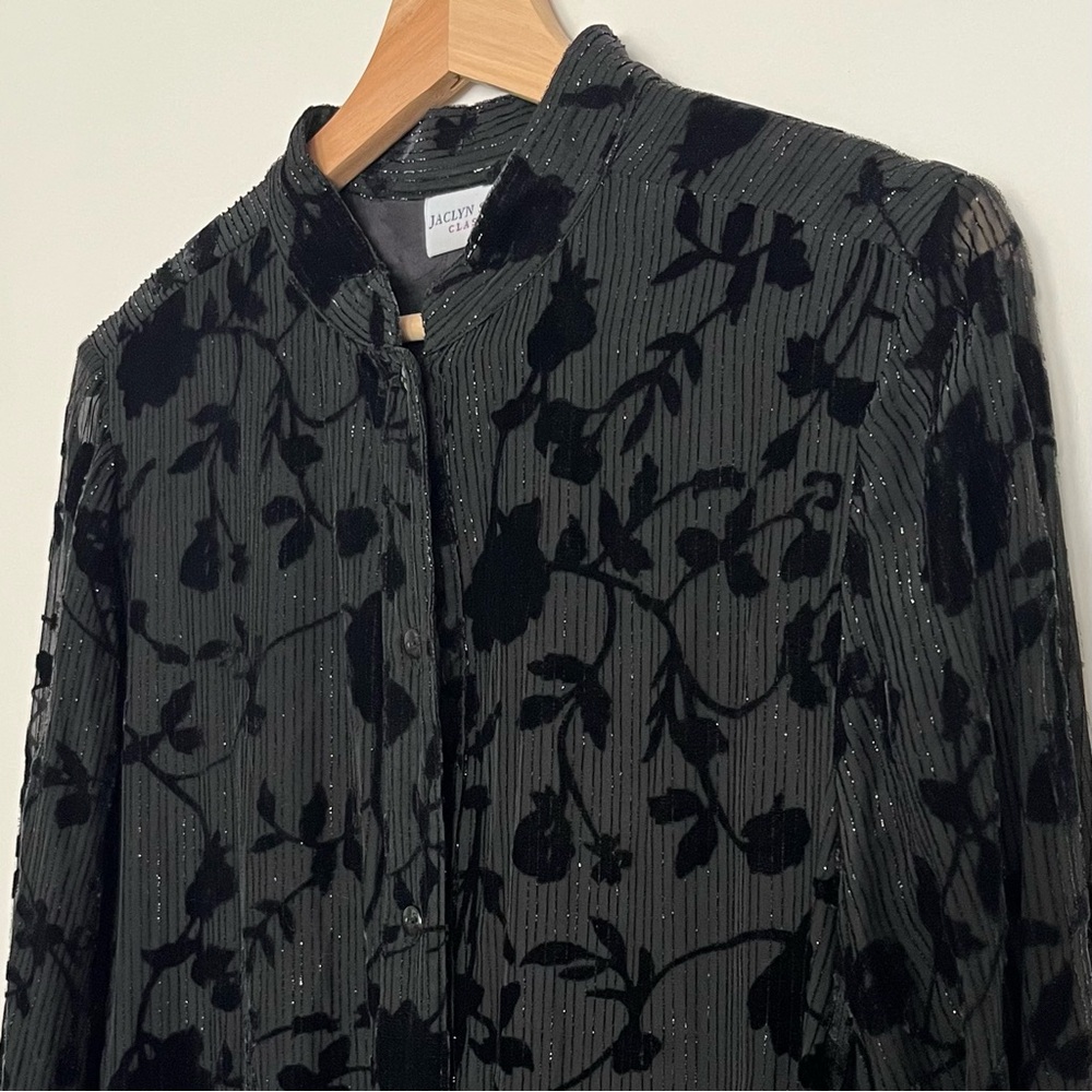 Jaclyn Smith Women's Black Velvet Burnout Sheer Blouse XL Floral Silk Blend Vamp